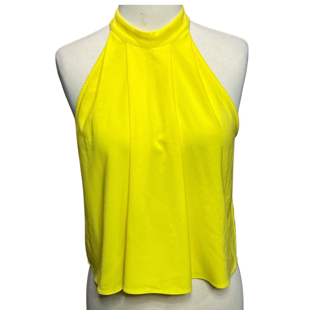 Bebe Halter Top‎ Womens XS Yellow Pleated Front Keyhole Summer Timeless Modern